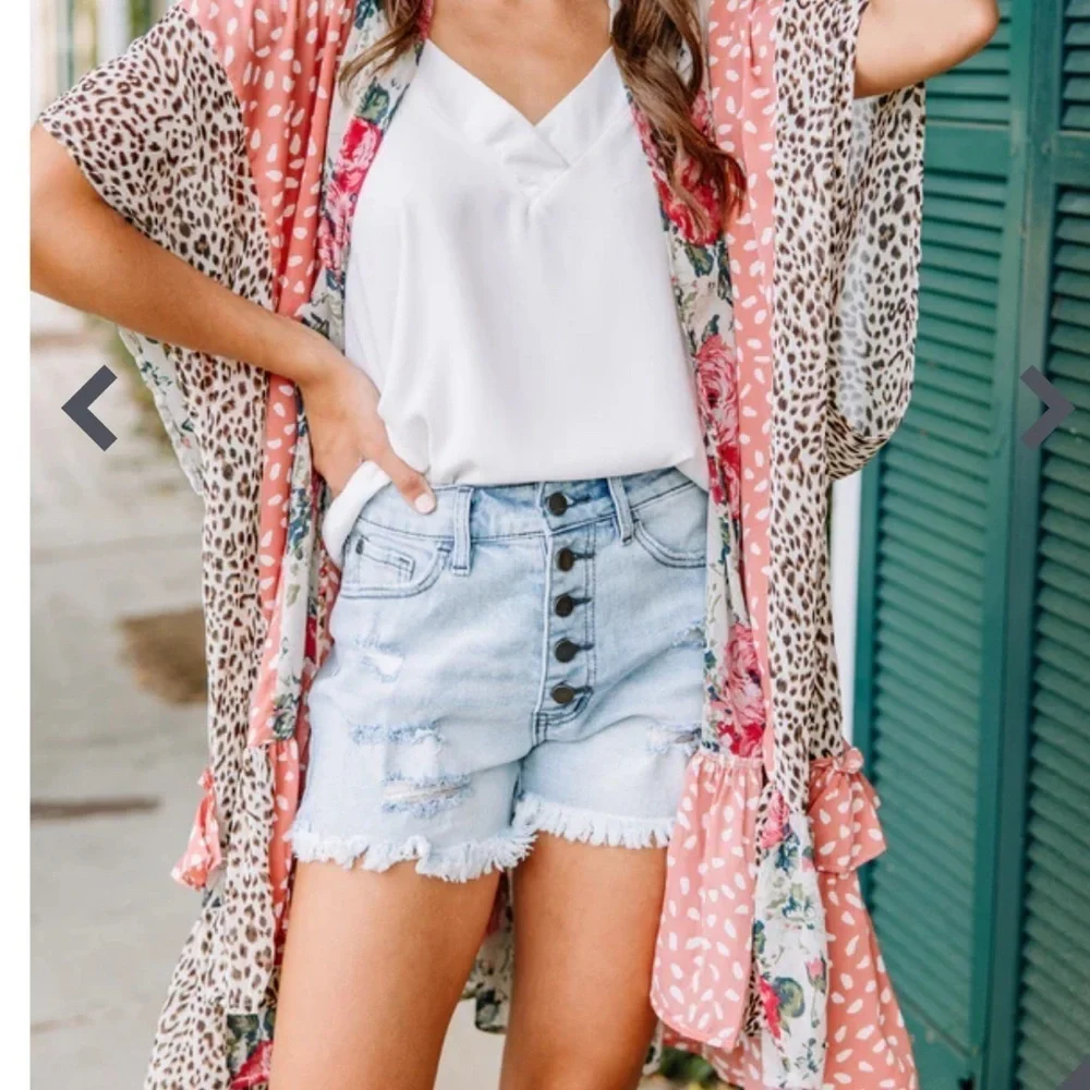 Umgee Floral Animal Print Ruffled Kimono M/L - Picture 1 of 6